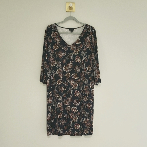 J. Jill Wearever Sheath Dress Large Black Print Knit V-Neck Pleats Casual Office - Picture 1 of 15